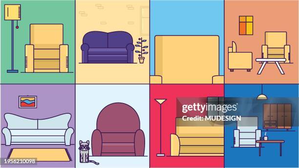 big set living room interior place, five different residing place, concept design resting hall, lounge area cartoon vector illustration. - giant object stock illustrations