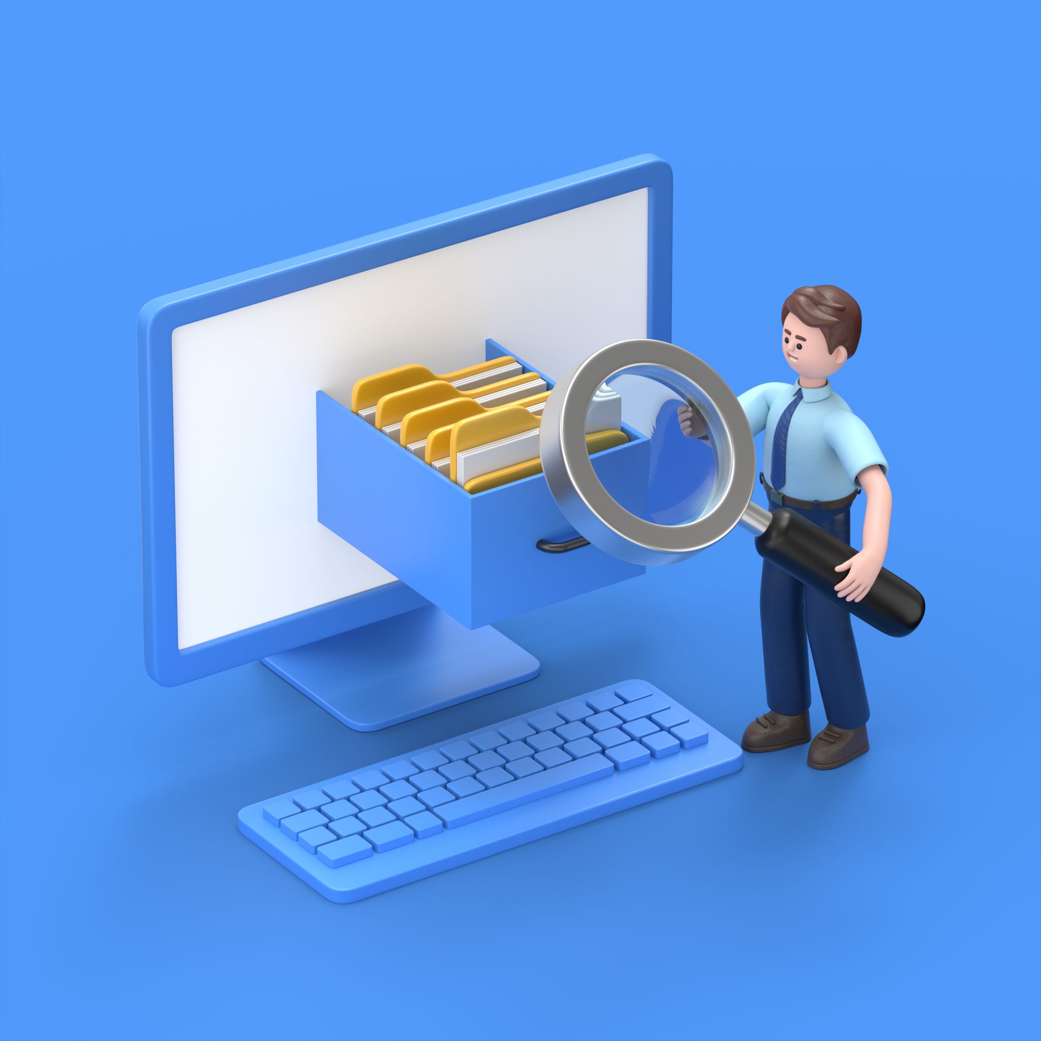 isometric 3D illustration on a blue background,3D illustration of Asian man Felix takes a folder from the shelf of the archive, a magnifier on the computer screen, search in the data archive isometric 3D illustration on a blue background,3D illustration of Asian man Felix takes a folder from the shelf of the archive, a magnifier on the computer screen, search in the data archive