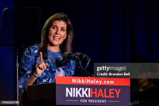 Republican presidential candidate, former U.N. Ambassador Nikki Haley delivers remarks at her primary-night rally at the Grappone Conference Center...