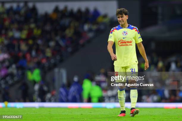 Igor Lichnovsky of America reacts during the 2nd round match between America and Queretaro as part of the Torneo Clausura 2024 Liga MX at Azul...