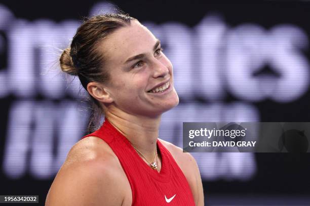 Belarus' Aryna Sabalenka reacts after a point against China's Zheng Qinwen during their women's singles final match on day 14 of the Australian Open...