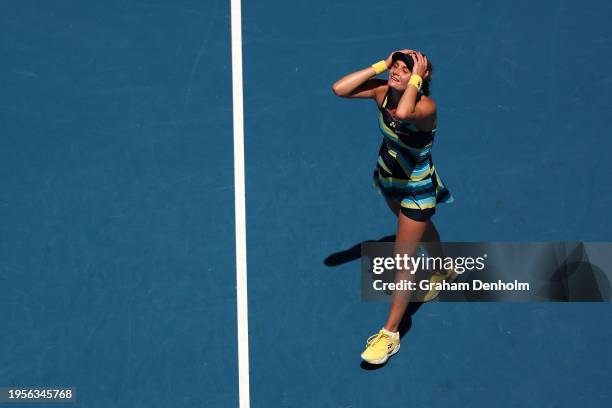 Dayana Yastremska of Ukraine celebrates winning match point during their quarterfinals singles match against Linda Noskova of Czech Republic during...