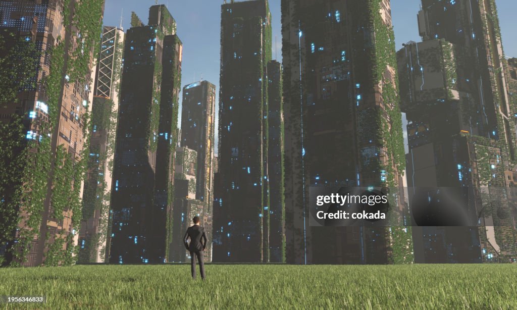Businessman at abandoned city