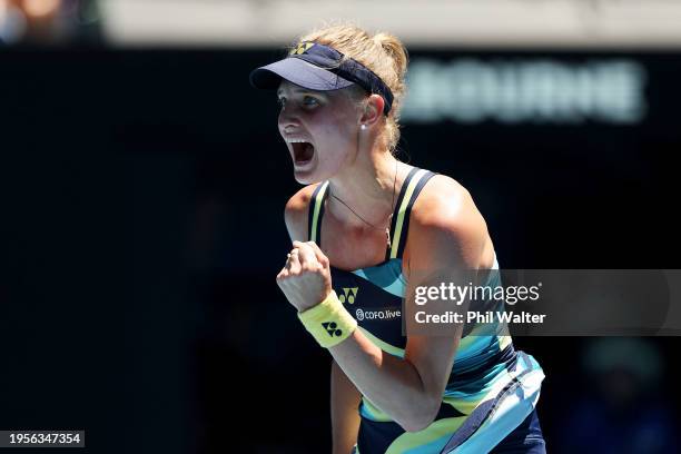 Dayana Yastremska of Ukraine celebrates winning match point during their quarterfinals singles match against Linda Noskova of Czech Republic during...