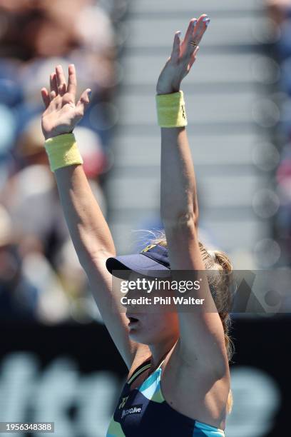 Dayana Yastremska of Ukraine celebrates winning match point during their quarterfinals singles match against Linda Noskova of Czech Republic during...