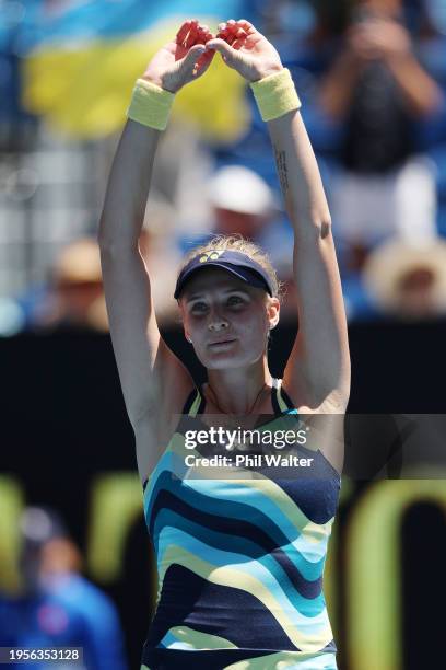 Dayana Yastremska of Ukraine celebrates winning match point during their quarterfinals singles match against Linda Noskova of Czech Republic during...