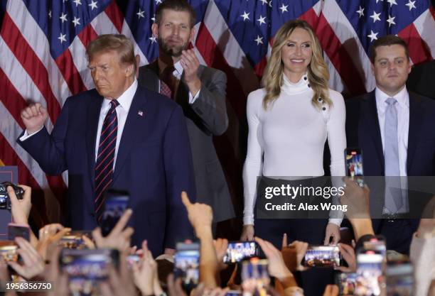 Republican presidential candidate and former U.S. President Donald Trump delivers remarks alongside Eric and Lara Trump during his primary night...
