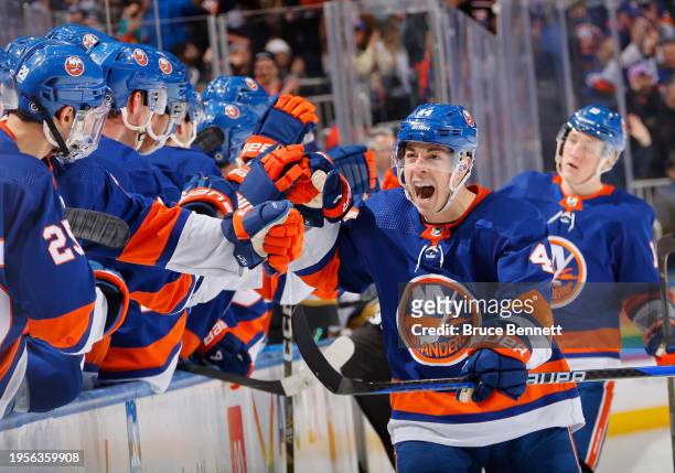 Jean-Gabriel Pageau of the New York Islanders celebrates his third period shorthanded goal against the Vegas Golden Knights at UBS Arena on January...