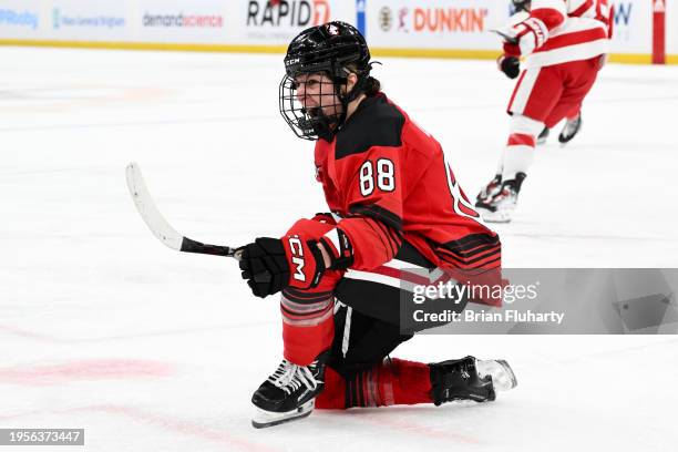 Skylar Irving of the Northeastern Huskies reacts after scoring a goal against the Boston University Terriers in the second period during the 2024...