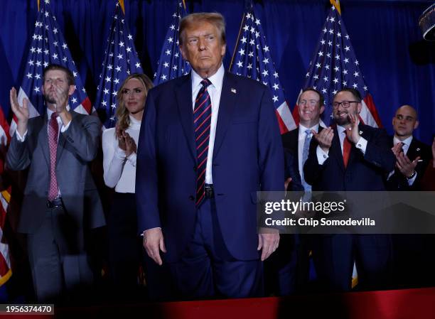 Republican presidential candidate and former U.S. President Donald Trump takes the stage with supporters, campaign staff and family members for a...