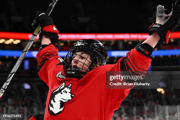 Skylar Irving of the Northeastern Huskies reacts after scoring a goal against the Boston University Terriers during the second period the 2024...