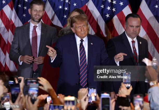 Republican presidential candidate and former U.S. President Donald Trump delivers remarks during his primary night rally at the Sheraton on January...