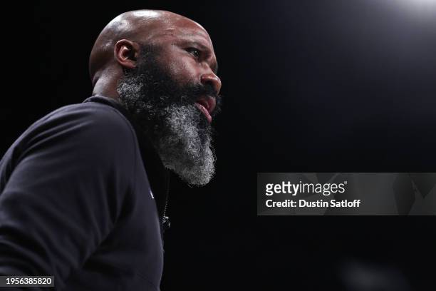 Jacque Vaughn head coach of the Brooklyn Nets looks on during the third quarter of the game against the New York Knicks at Barclays Center on January...