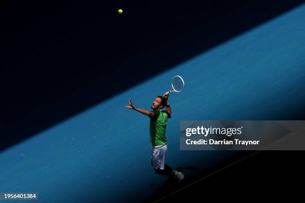 Daniil Medvedev serves during their quarterfinals singles match against Hubert Hurkacz of Poland during the 2024 Australian Open at Melbourne Park on...