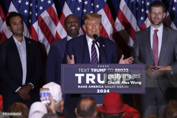 Republican presidential candidate and former U.S. President Donald Trump delivers remarks alongside supporters, campaign staff and family members...