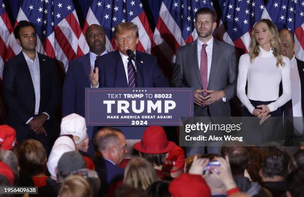 Republican presidential candidate and former U.S. President Donald Trump delivers remarks alongside supporters, campaign staff and family members...