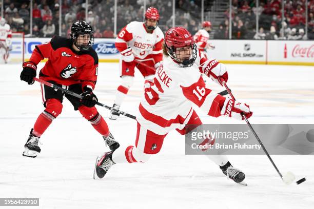 Luisa Welcke of the Boston University Terriers shoots against the Northeastern Huskies during the third period of the 2024 Women's Beanpot Tournament...