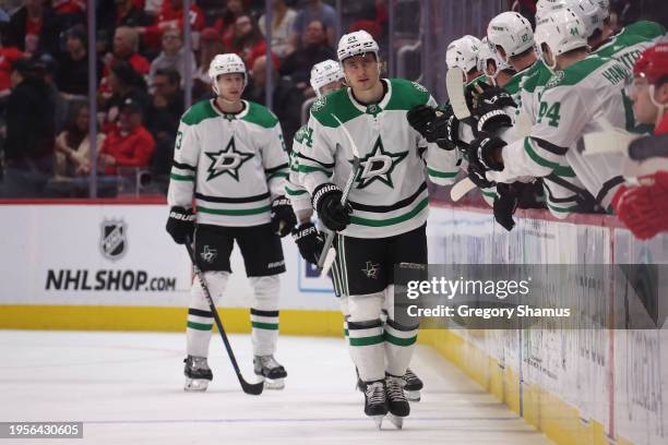 Roope Hintz of the Dallas Stars celebrates a second period goal with teammates while playing the Detroit Red Wings at Little Caesars Arena on January...