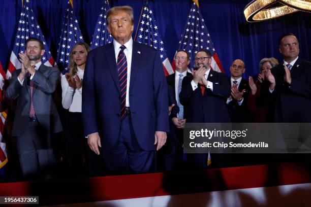 Republican presidential candidate and former U.S. President Donald Trump takes the stage with supporters, campaign staff and family members for a...