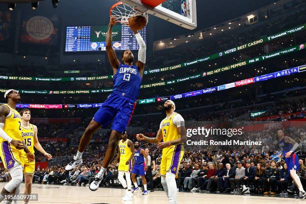 Paul George of the LA Clippers makes the slam dunk against the Los Angeles Lakers in the first half at Crypto.com Arena on January 23, 2024 in Los...