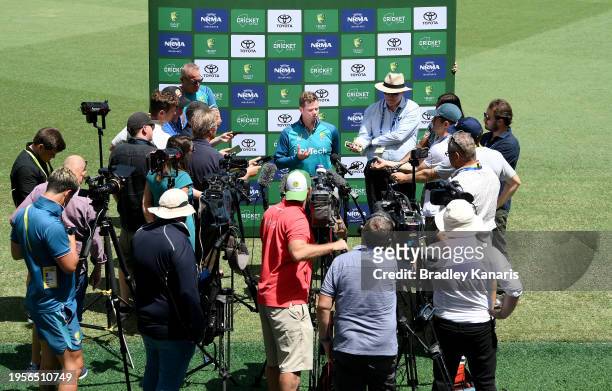 Steve Smith speaks during an Australian team training session before the Second Test match in the series between Australia and West Indies at The...