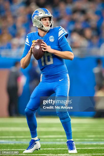 Jared Goff of the Detroit Lions passes the ball against the Tampa Bay Buccaneers at Ford Field on January 21, 2024 in Detroit, Michigan.