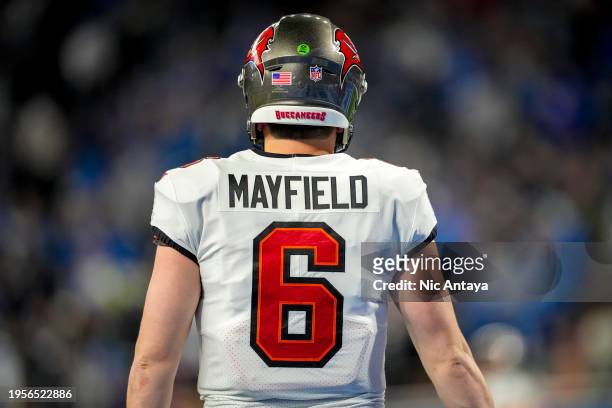 Rear view of Baker Mayfield of the Tampa Bay Buccaneers against the Detroit Lions at Ford Field on January 21, 2024 in Detroit, Michigan.
