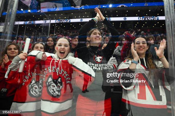 Northeastern Huskies fans cheer after the 2024 Women's Beanpot Tournament Championship against the Boston University Terriers at the TD Garden on...