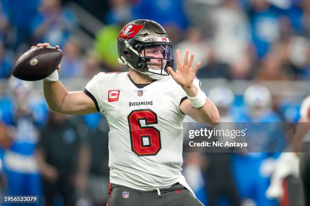 Baker Mayfield of the Tampa Bay Buccaneers passes the ball against the Detroit Lions at Ford Field on January 21, 2024 in Detroit, Michigan.