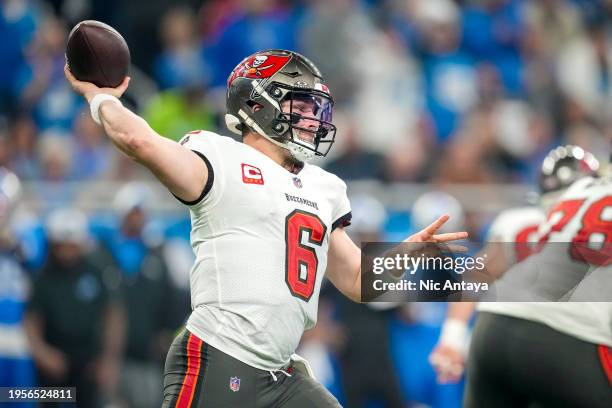 Baker Mayfield of the Tampa Bay Buccaneers passes the ball against the Detroit Lions at Ford Field on January 21, 2024 in Detroit, Michigan.