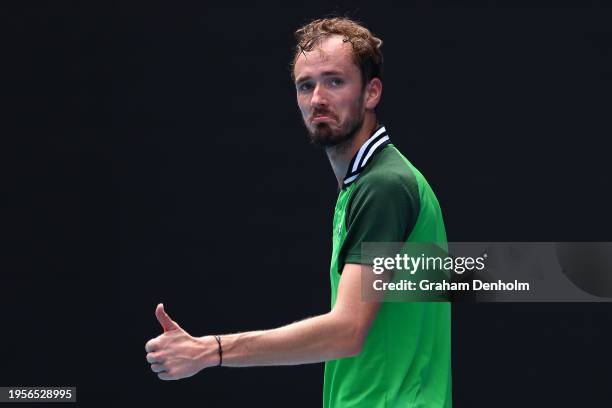 Daniil Medvedev reacts during their quarterfinals singles match against Hubert Hurkacz of Poland during the 2024 Australian Open at Melbourne Park on...