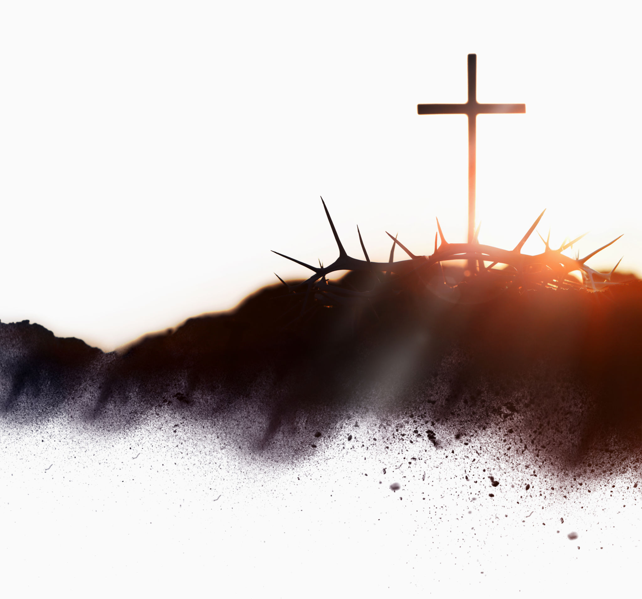 The background of the cross and crown of thorns symbolizing the sacrifice and suffering of Jesus Christ, and the concept of Passion Week, Lent, and Easter with a red sunset The background of the cross and crown of thorns symbolizing the sacrifice and suffering of Jesus Christ, and the concept of Passion Week, Lent, and Easter with a red sunset