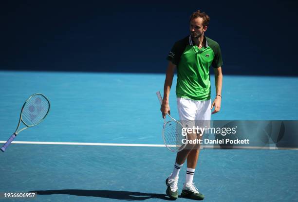 Daniil Medvedev reacts during their quarterfinals singles match against Hubert Hurkacz of Poland during the 2024 Australian Open at Melbourne Park on...
