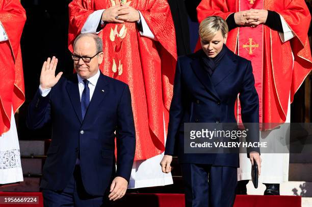 Prince's Albert II of Monaco and Princess Charlene of Monaco leave the cathedral after taking part in the traditional festivities of Sainte Devote in...