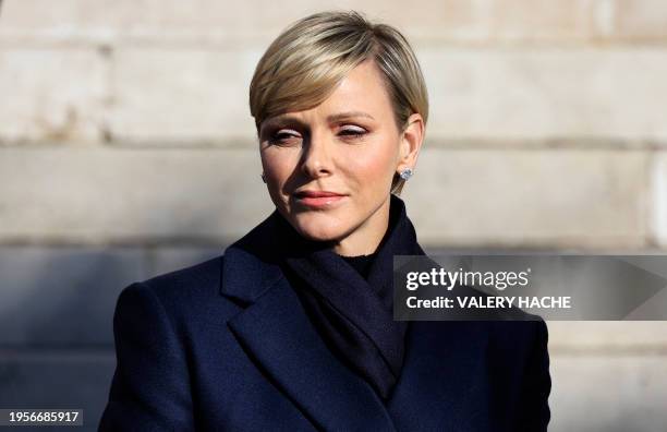 Princess Charlene of Monaco leaves the cathedral after taking part in the traditional festivities of Sainte Devote in the Principalty of Monaco on...