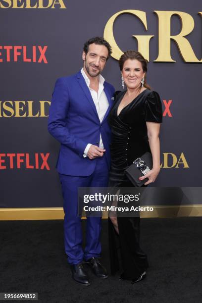 Alberto Mateo and a guest attend the Miami premiere of "Griselda" at The Fillmore Miami Beach on January 23, 2024 in Miami Beach, Florida.