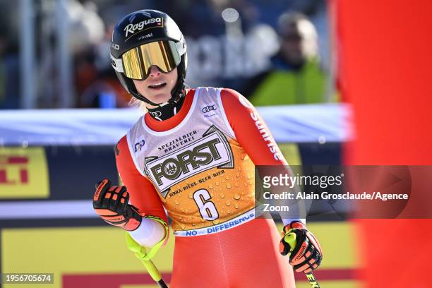 Lara Gut-behrami of Team Switzerland celebrates during the Audi FIS Alpine Ski World Cup Women's Downhill on January 27, 2024 in Cortina d'Ampezzo,...