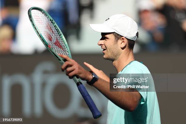 Hubert Hurkacz of Poland reacts during their quarterfinals singles match against Daniil Medvedev during the 2024 Australian Open at Melbourne Park on...