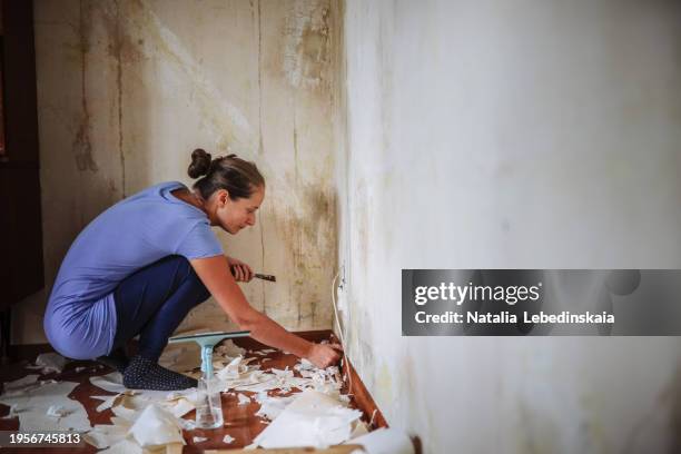 hands-on home improvement: mature woman takes the lead in renovating her home, meticulously removing wallpaper and priming walls for the impending changes. - impending stock pictures, royalty-free photos & images