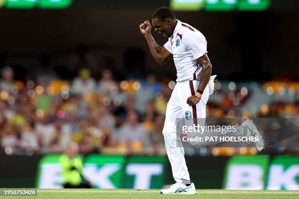 Justin Greaves of the West Indies celebrates the dismissal of Marnus Labuschagne of Australia on day three of the second cricket Test match between...