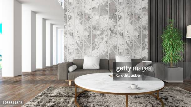 large contemporary modern living room interior. - coffee table stock pictures, royalty-free photos & images