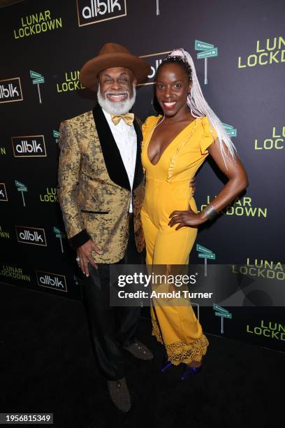 Michael Colyar and Janeshia Adams attend ALL BLK and Plymouth Blvd World Premiere Lunar Lockdown at IPIC Westwood on January 23, 2024 in Los Angeles,...