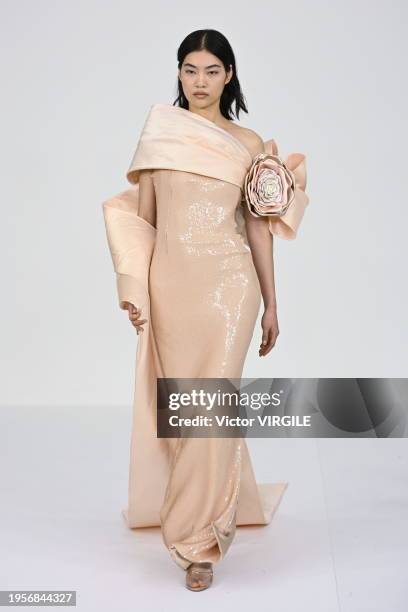 Model walks the runway during the Alexis Mabille Haute Couture Spring/Summer 2024 fashion show as part of Paris Fashion Week on January 23, 2024 in...