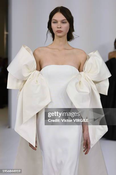Model walks the runway during the Alexis Mabille Haute Couture Spring/Summer 2024 fashion show as part of Paris Fashion Week on January 23, 2024 in...