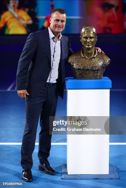 Lleyton Hewitt is inducted into Australian Tennis Hall of Fame on Rod Laver Arena during the 2024 Australian Open at Melbourne Park on January 24,...