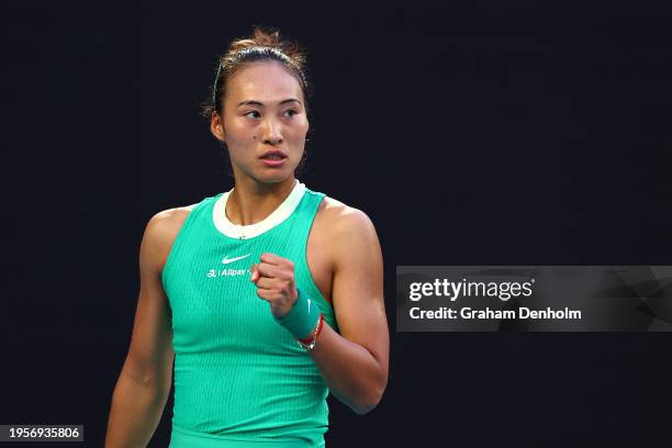 Qinwen Zheng of China celebrates a point during their quarterfinals singles match against Anna Kalinskaya during the 2024 Australian Open at...