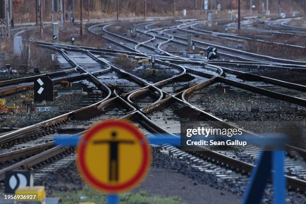 Railway tracks lie near a train depot during a nationwide strike by the GDL union of locomotive drivers and rail attendees on January 24, 2024 in...