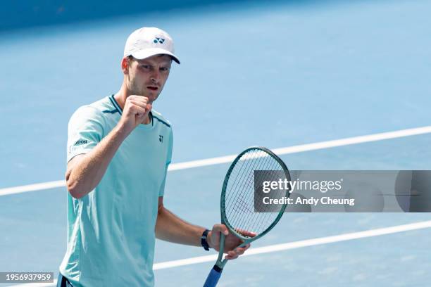 Hubert Hurkacz of Poland celebrates a point during the men's singles quarterfinal match against Daniil Medvedev during day eleven of the 2024...