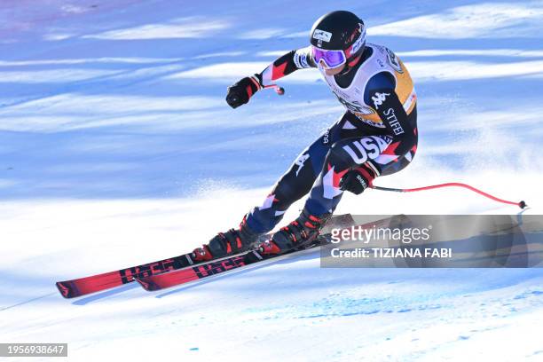 S Lauren Macuga competes during the Women's Downhill event of FIS Alpine Skiing World Cup in Cortina d'Ampezzo, Italy on January 27, 2024.