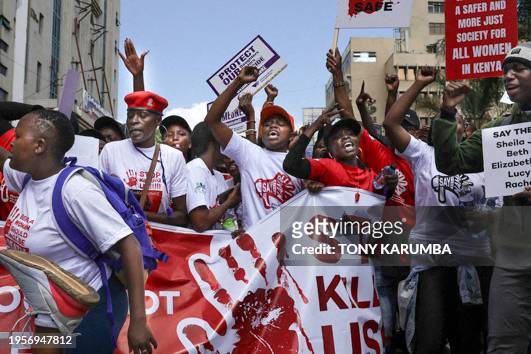 Activists shout as they demonstrate in the Central Business District against an alarming rise in murders of young women in Nairobi on January 27,...